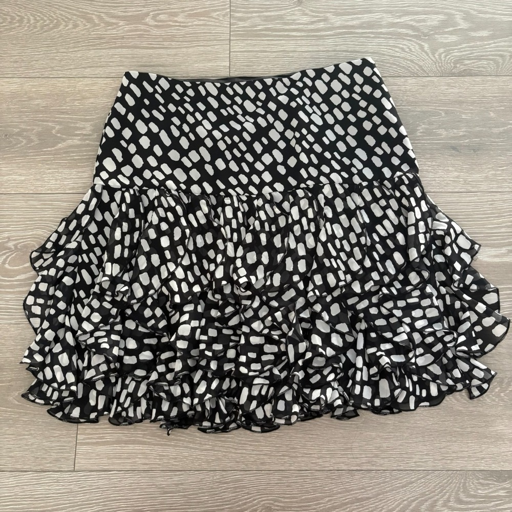 White House Black Market Womens Black Abstract Dotted Summer Ruffle Mini Skirt 6